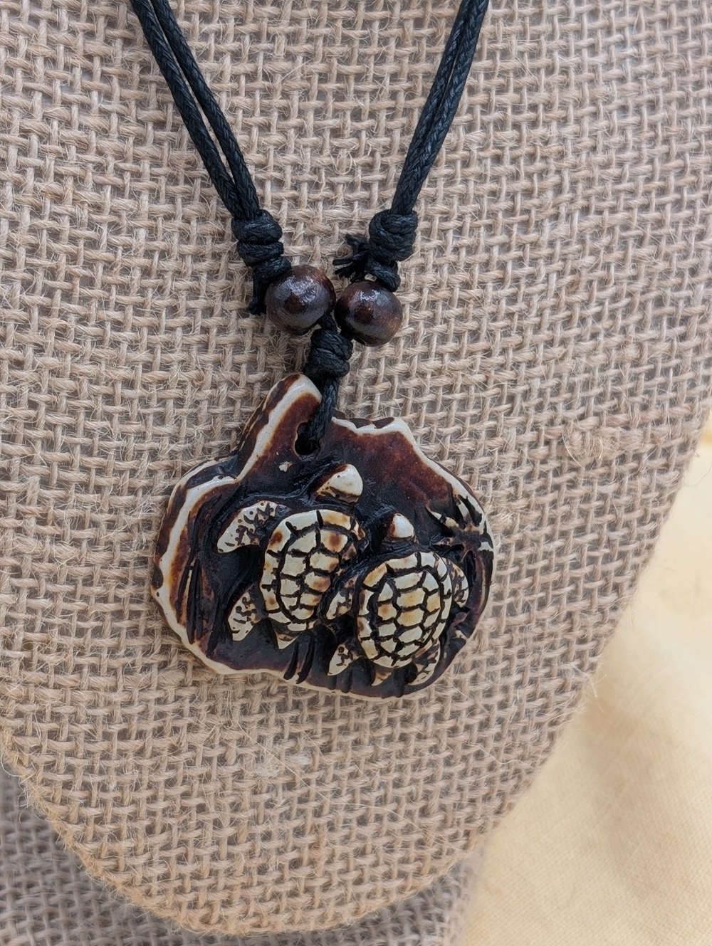 Sea Turtle Pendant Necklace Adjustable Cord Beach Boho Brown Carved Charm 16-30"